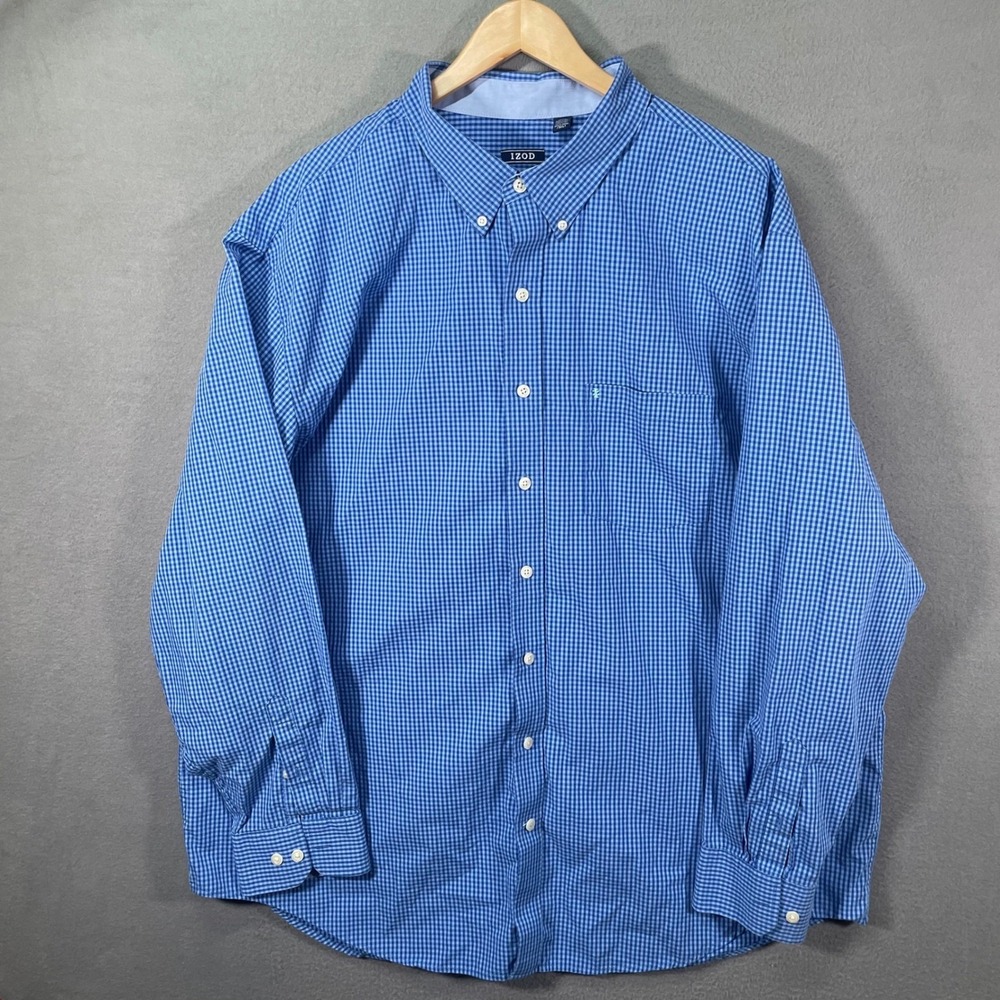 IZOD Button Down Shirt Mens 3XLT Blue Gingham Cotton Premium Tall Fit - Picture 1 of 9
